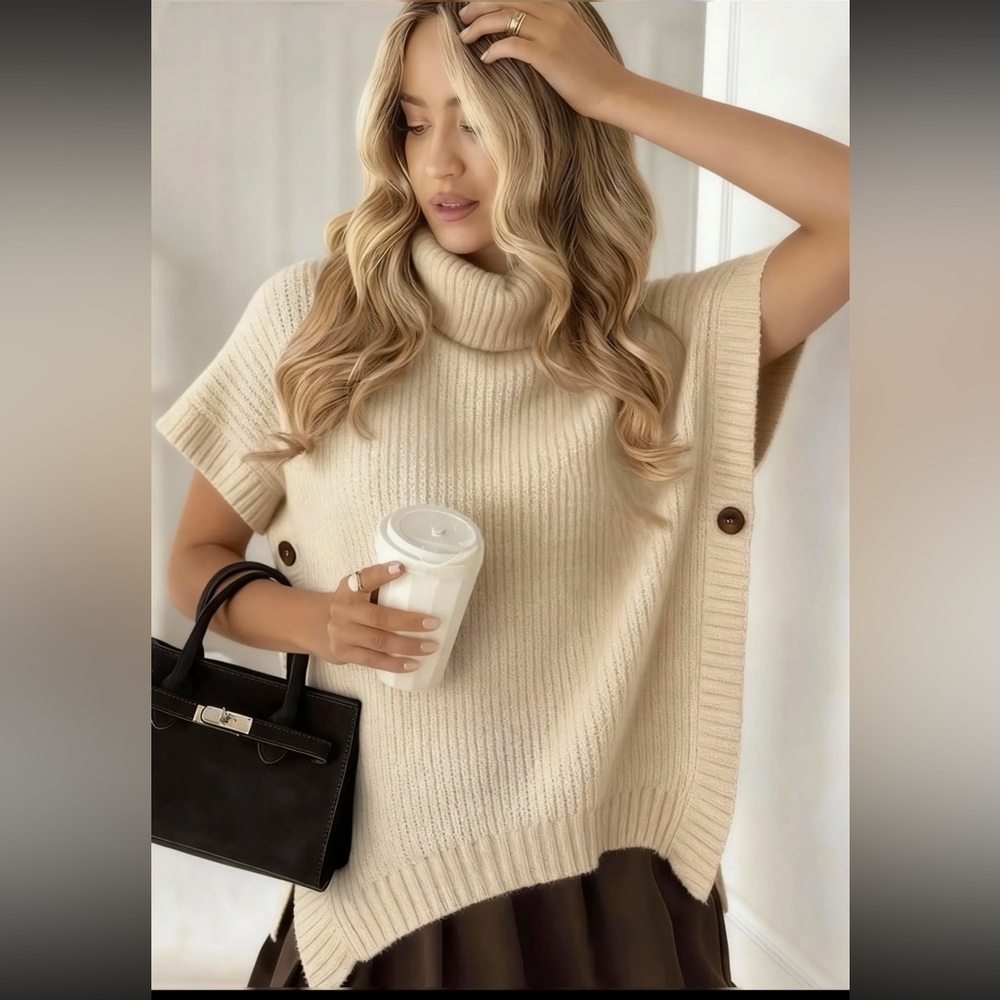 Made in Italy 🇮🇹 Neutral Cream Ribbed Cowl Neck Poncho Sweater